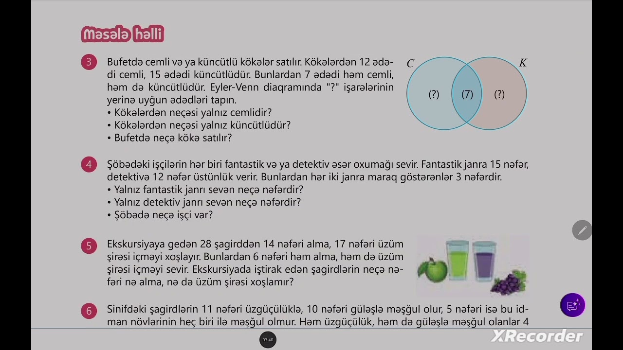 6-cı sinif riyaziyyat. Eyler-Venn diaqramının köməyilə məsələ həlli