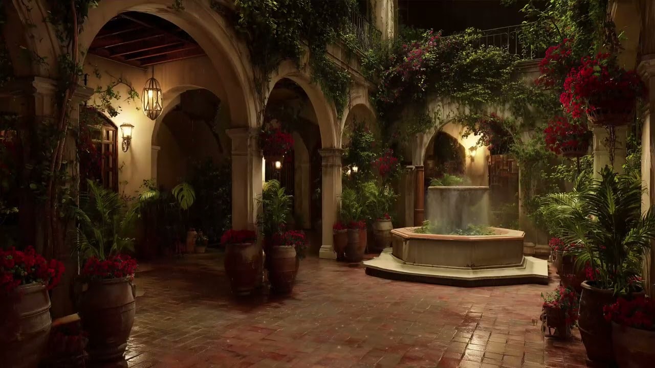 Spanish Riviera at Night | Ancient Villa Garden Ambience with Fountain Sounds