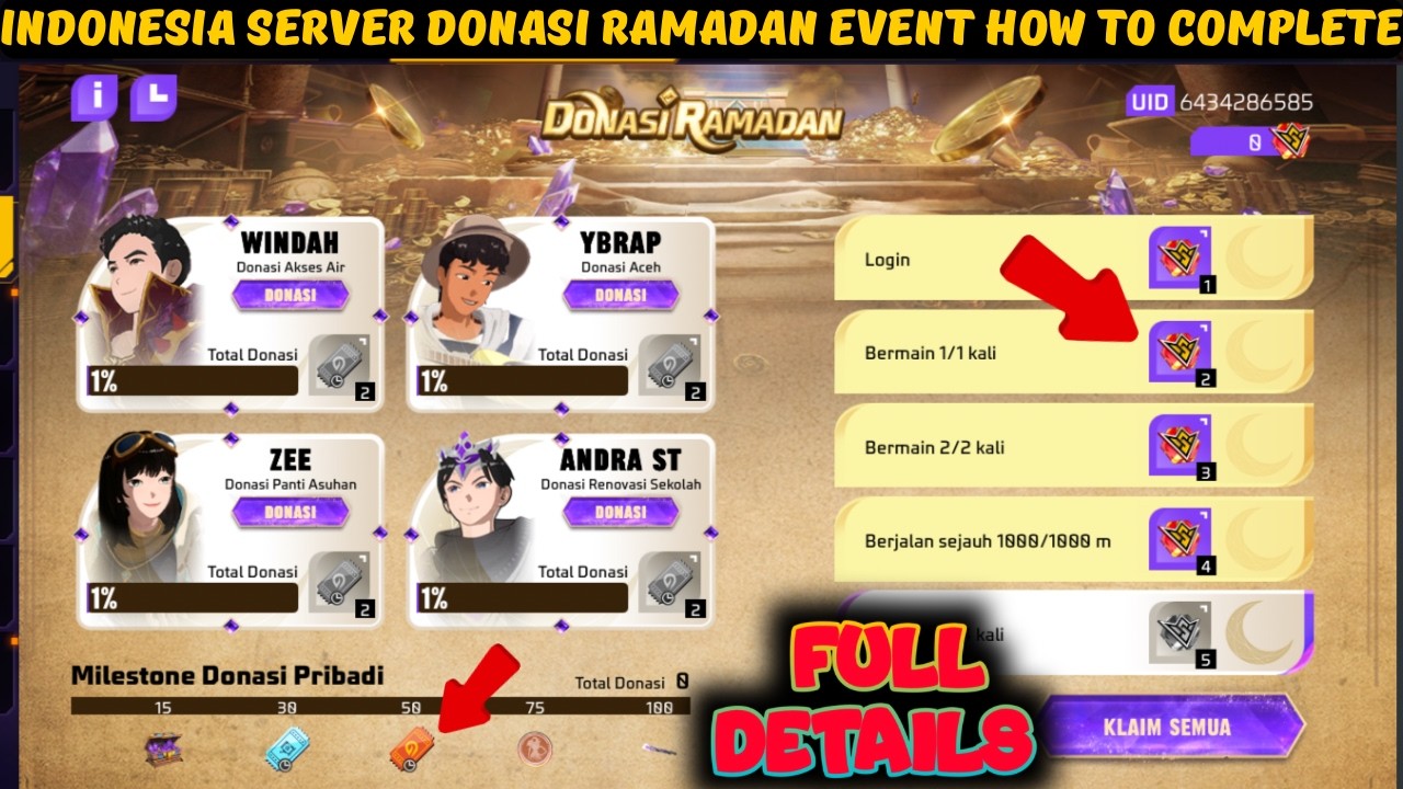 FF Indonesia Server 🔥 Donasi Ramadan Event! | How to Complete Full Details (FF today&rsquo;s event)