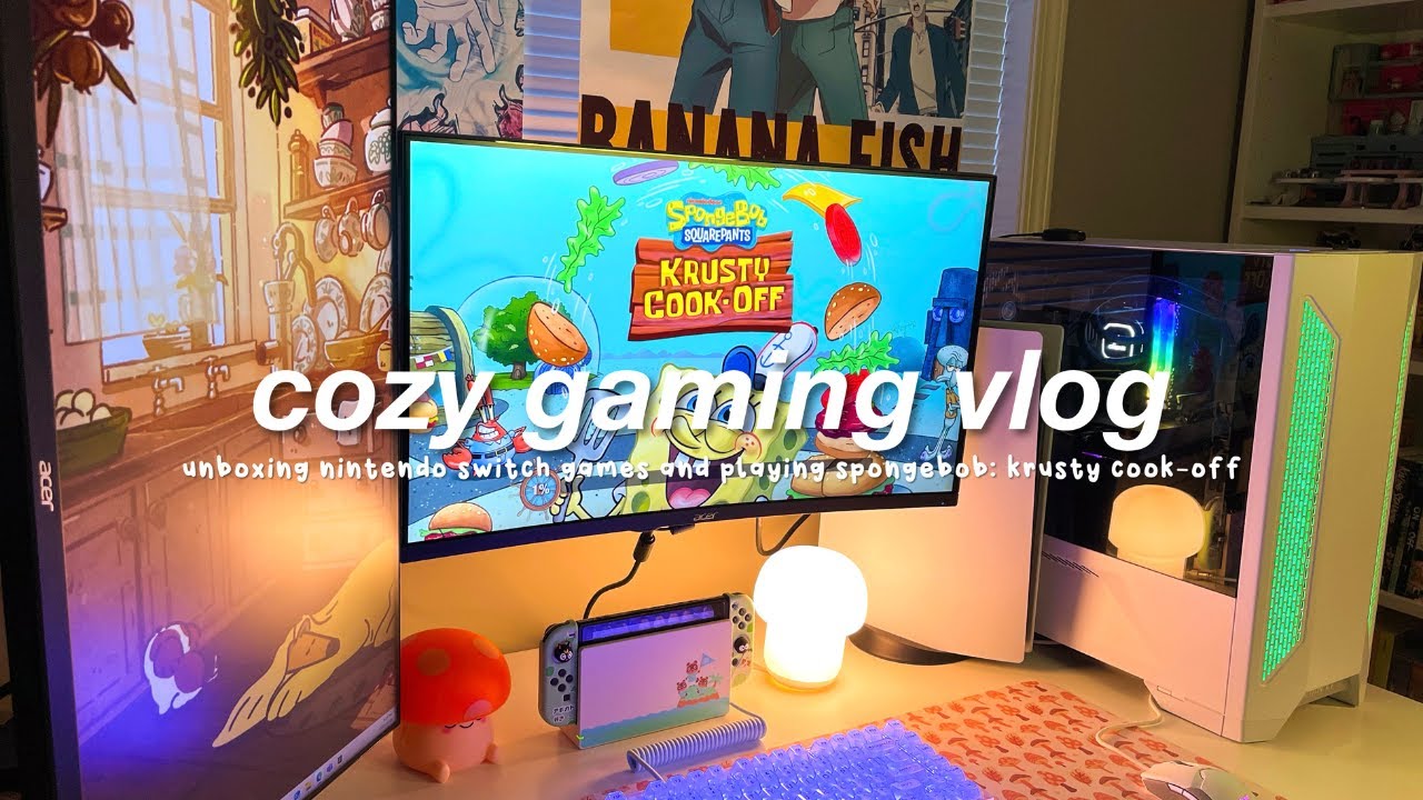cozy gaming 🕹️: unboxing nintendo games & playing spongebob: krusty cook-off + piano & rain sound