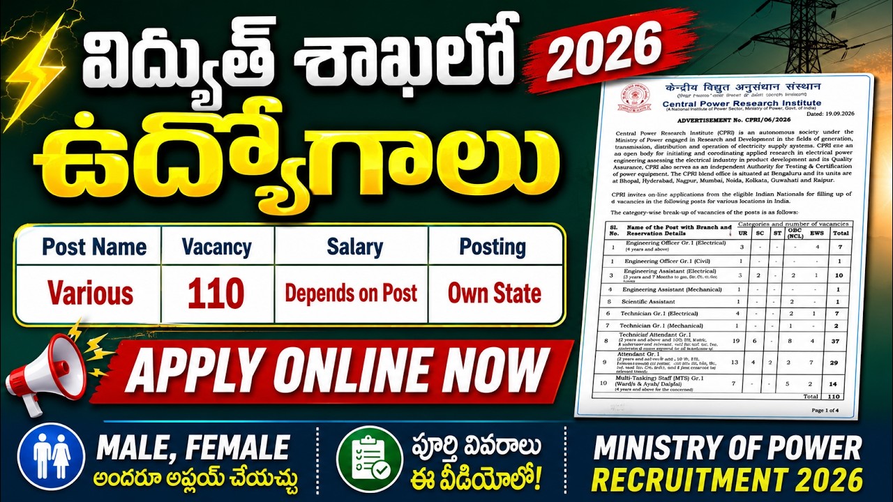 విద్యుత్ శాఖలో ఉద్యోగాలకు నోటిఫికేషన్ || Ministry of Power Recruitment 2026 || Job Updates Telugu