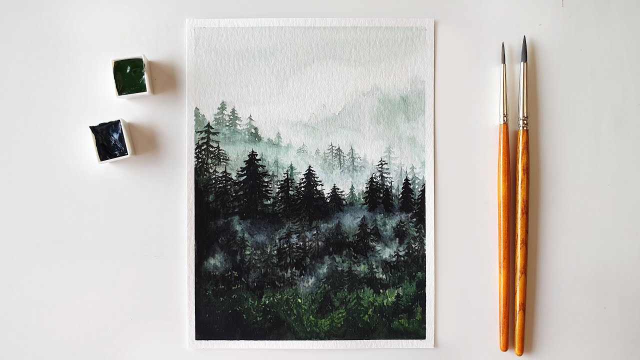 Daily Watercolor Painting / Misty Forest Painting / Trees in the Mist / #59