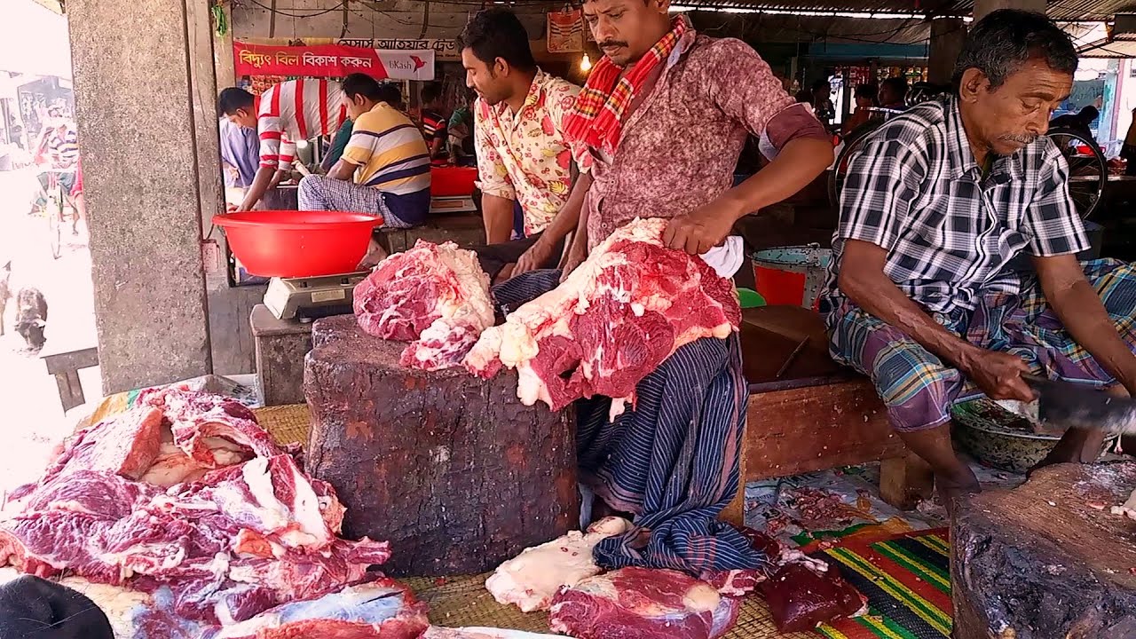 Big Meat Market In A Village&hArr;Huge Meat Processing By The Expert Butcher&hArr;Amazing Knife Skill Chefs.