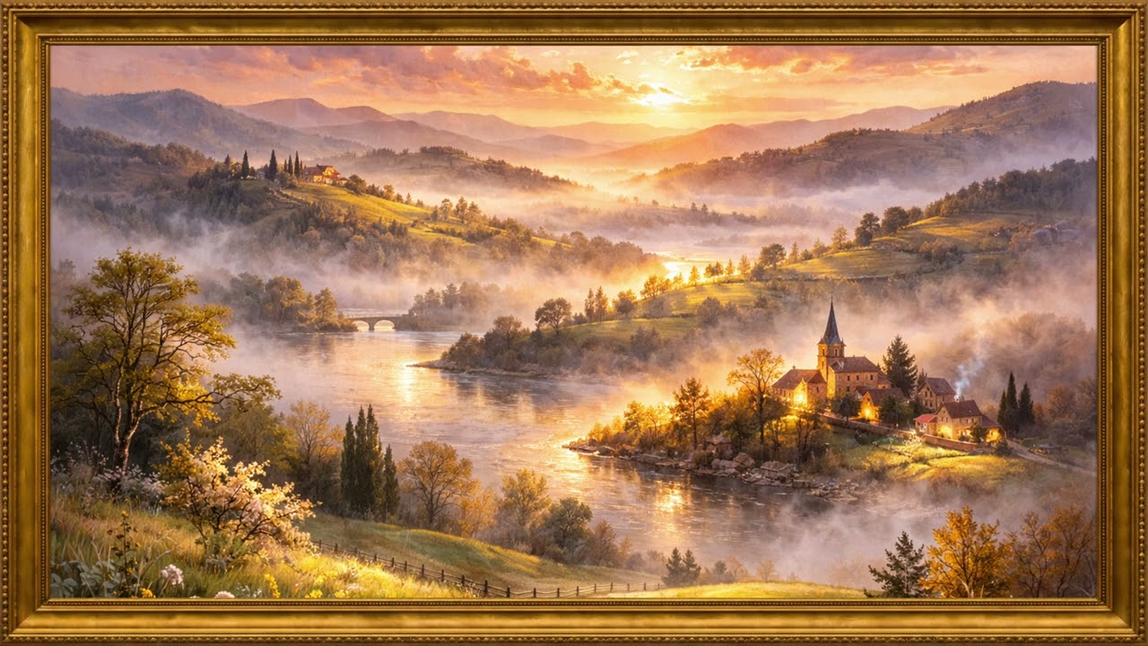 River Valley at Dawn | 4K Framed Art Screensaver | 2 Hours Silent Painting Display for Your TV