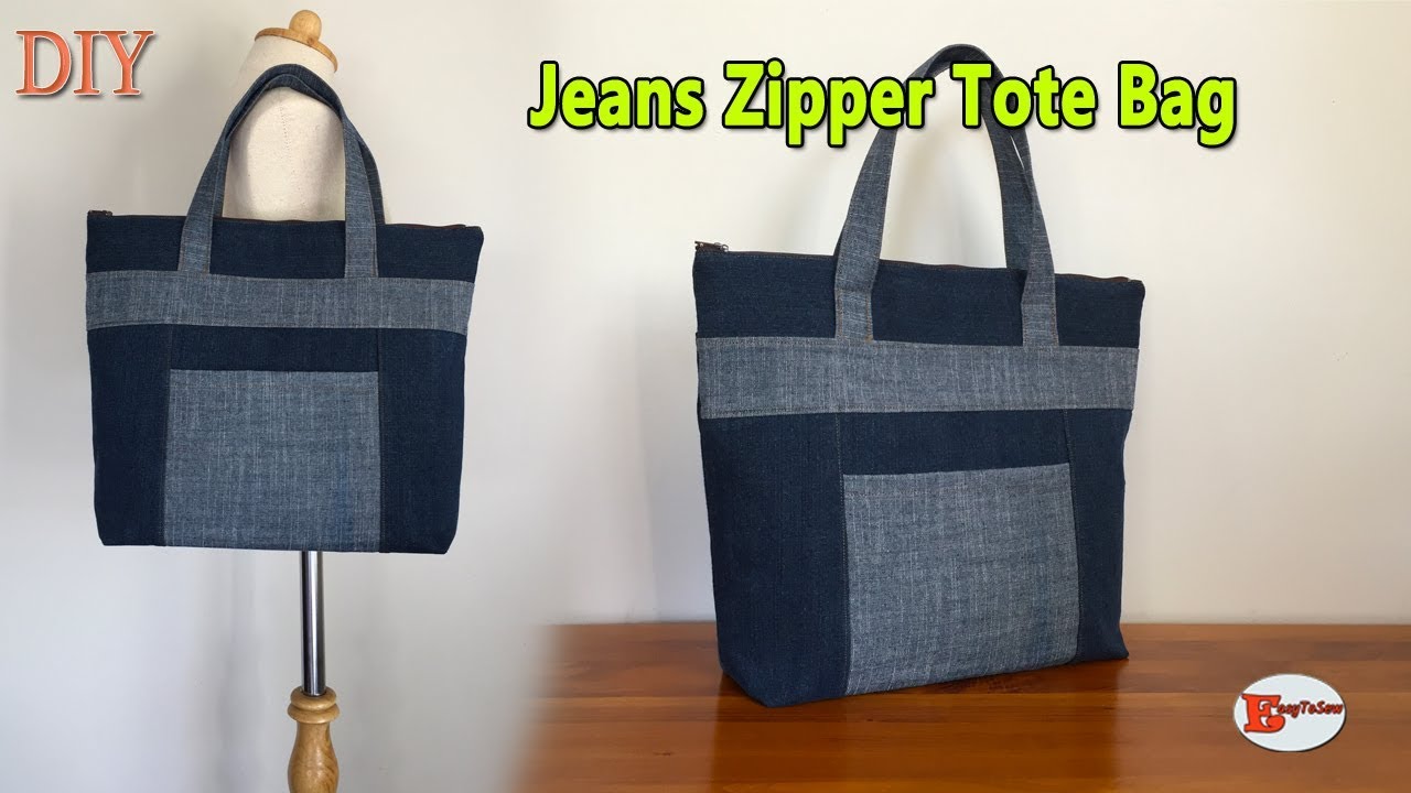 DIY JEANS ZIPPER TOTE BAG | TOTE BAG |  DIY BAG OUT OF OLD JEANS | RECYCLE JEANS BAG SEWING TUTORIAL