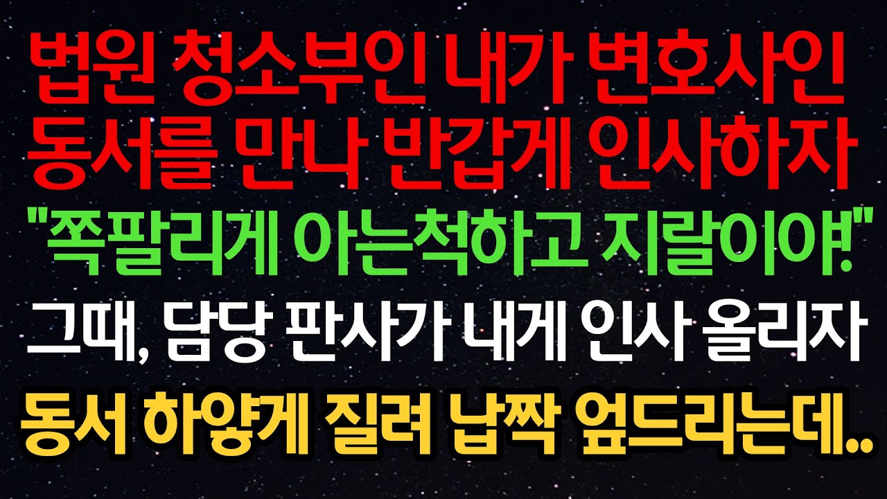 실화사연- 법원 청소부인 내가 변호사인 동서를 만나 반갑게 인사하자 “쪽팔리게 아는척하고 난리야!” 그때, 담당 판사가 내게 인사 올리자 동서 하얗게 질려 납짝 엎드리는데..