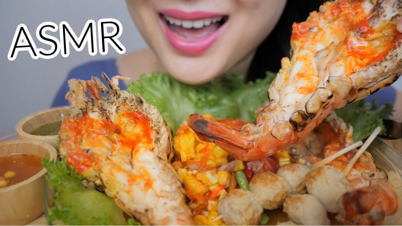 Giant BBQ River Prawn with Spicy Corn salad with pork balls *No Talking ASMR Eating Sound | N.E