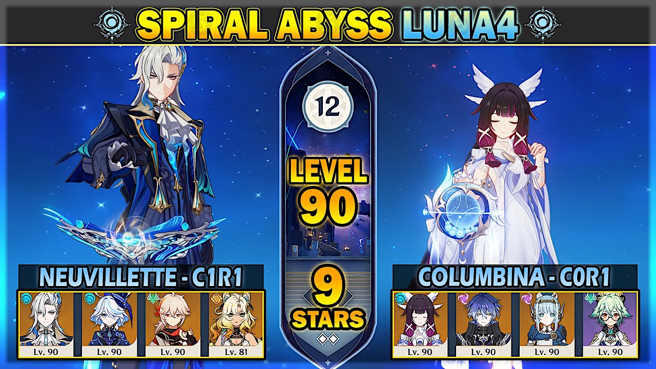C1R1 Neuvillette & C0R1 Columbina 9★ FULL CLEAR Spiral Abyss Floor 12 | Luna 4 | Genshin Impact