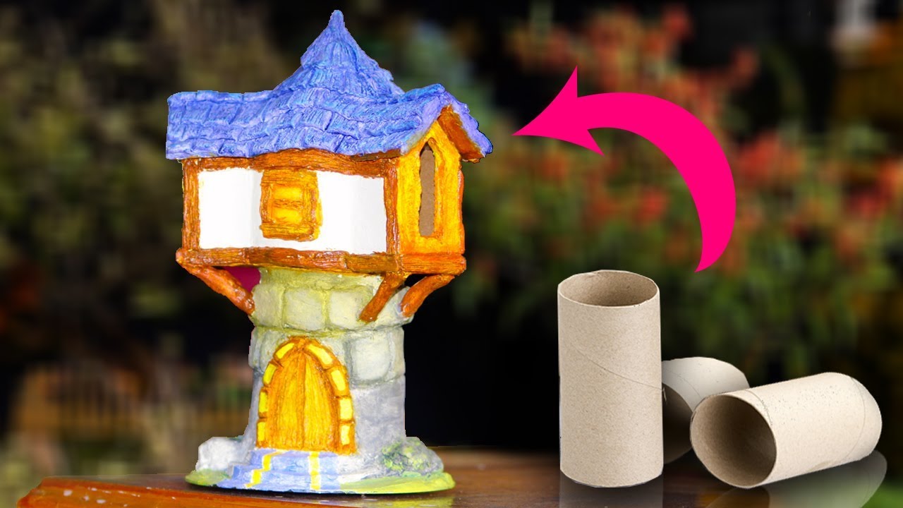 Diy Fairy House (Defense Tower) making with home made paper clay and tissue paper roll