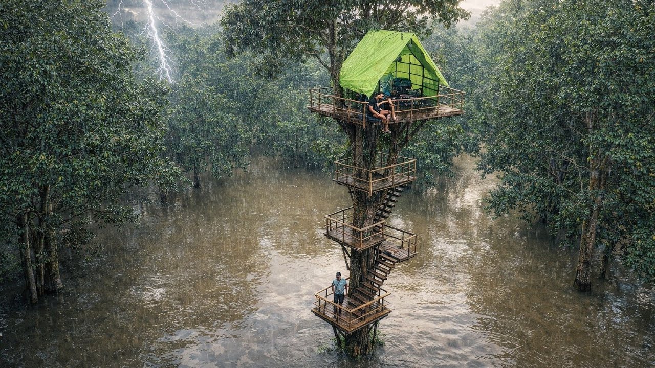 Camping hujan deras dan petir dan di kepung banjir di tengah malam // tidur nyenyak di rumah pohon
