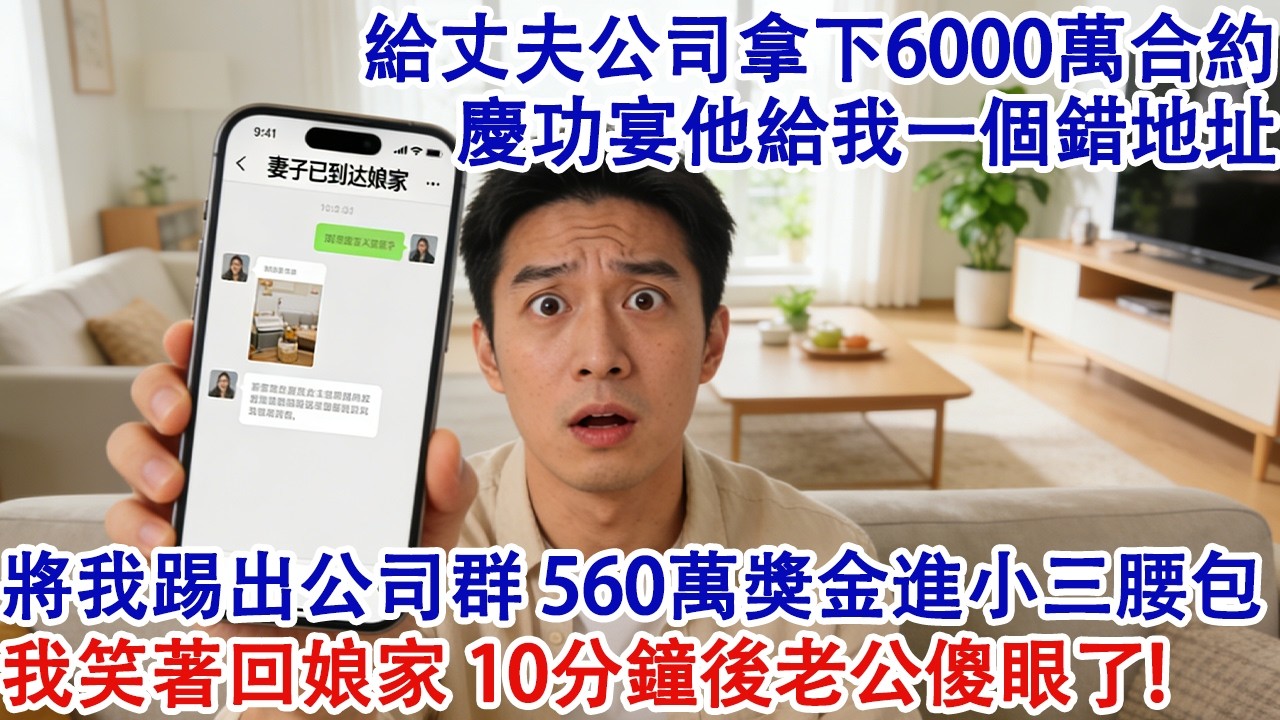 我給丈夫公司拿下6000萬合約，慶功宴他給了我一個錯地址，將我解聘踢出公司群，560萬獎金進小三腰包。我沒去理論，笑著回娘家。10分鐘後老公傻眼了!#婆媳 #家庭 #婚姻 #情感故事