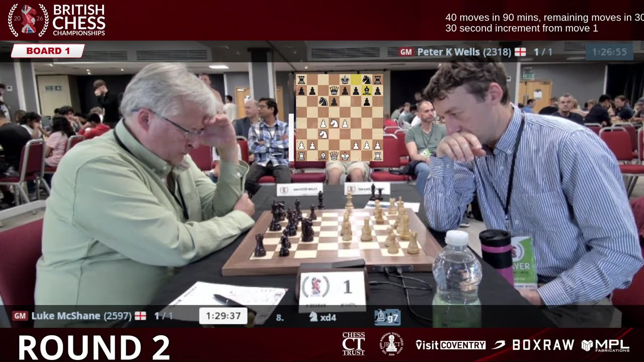 Board 1 - Round 2 - GM Luck McShane VS GM Peter Wells | 2026 British Chess Championships &ndash; Live