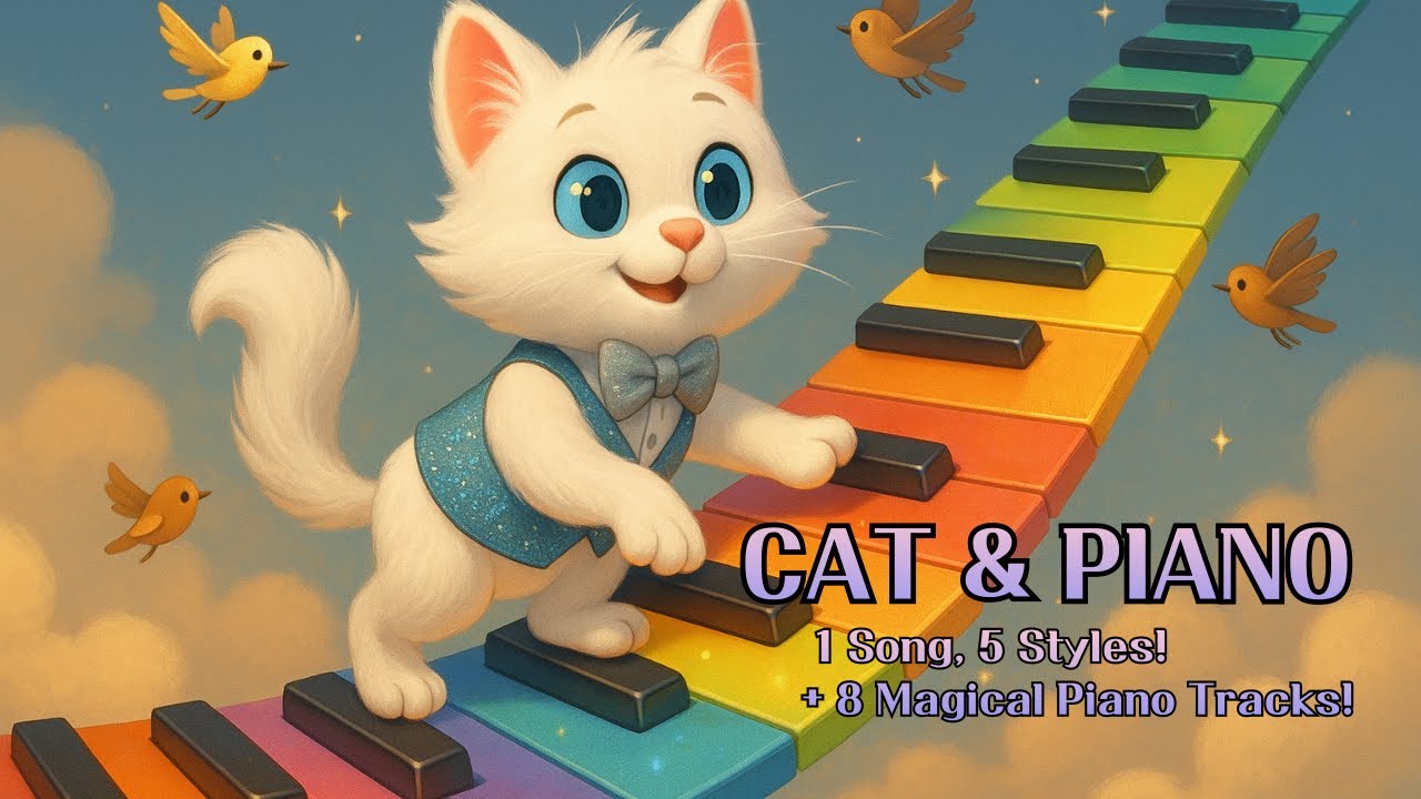 Cat & Piano | 1 Song in 4 Styles + 10 Magical Piano Tracks for Kids | AI Music & Animation