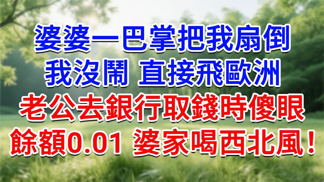 婆婆一巴掌把我打倒，我沒鬧 直接飛歐洲，老公去銀行取錢時傻眼了，0.01餘額 婆家全家喝西北風！#為人處世#生活經驗#情感故事#故事#小說#戀愛#情感#婚姻