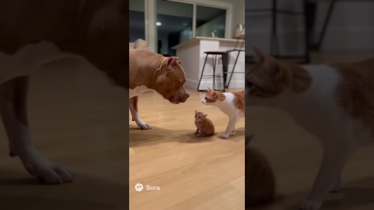 Brave Cat Defends Kitten from Large Dog