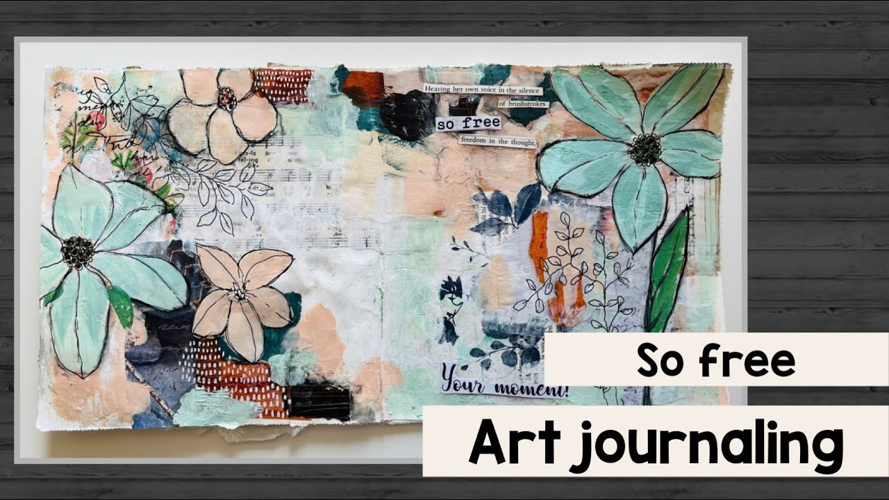 Art journal with collage and drawing flowers - process video