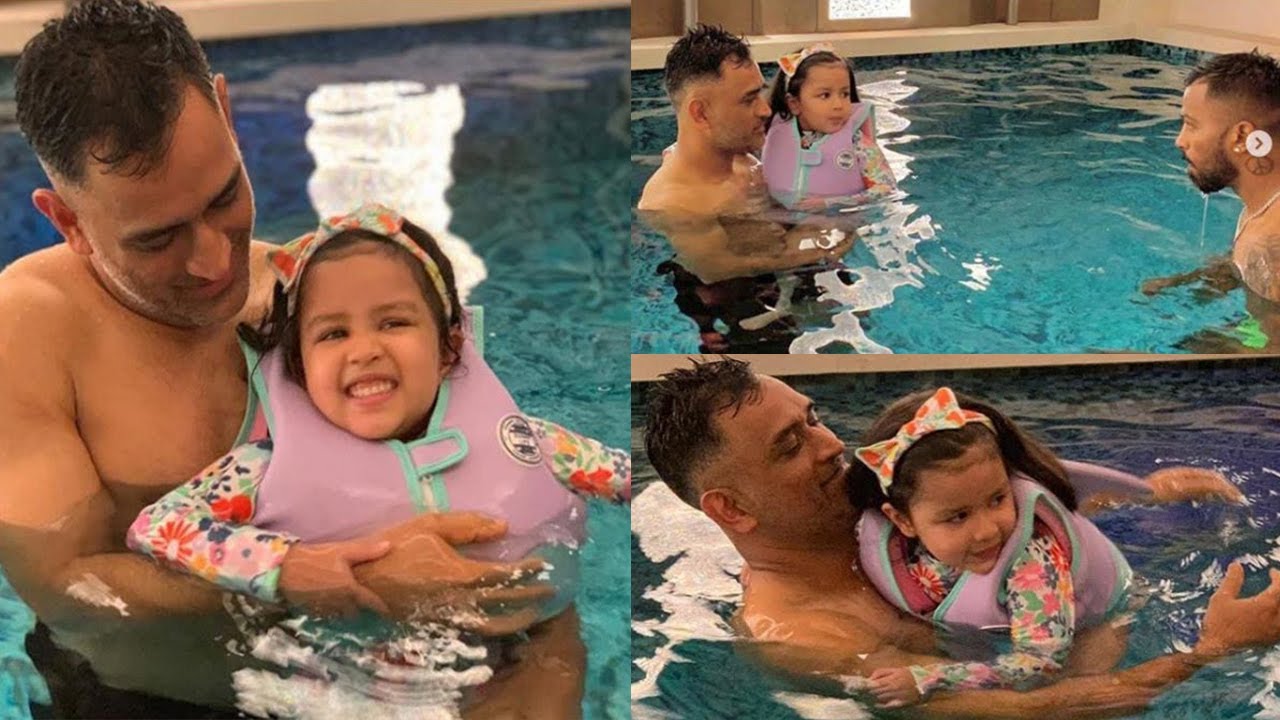Ms Dhoni enjoying Vacation and Playing with his Daughter Ziva Dhoni in Pool with Hardik Pandya