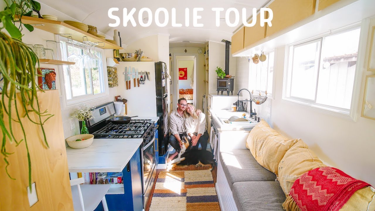 Skoolie Tour: Designers Renovate Old School Bus Into a Bright and BEAUTIFUL Tiny Home