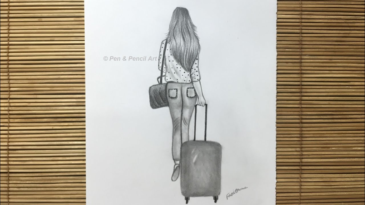 How to Draw a Girl with Luggage // Easy beautiful girl drawing pencil sketch tutorial