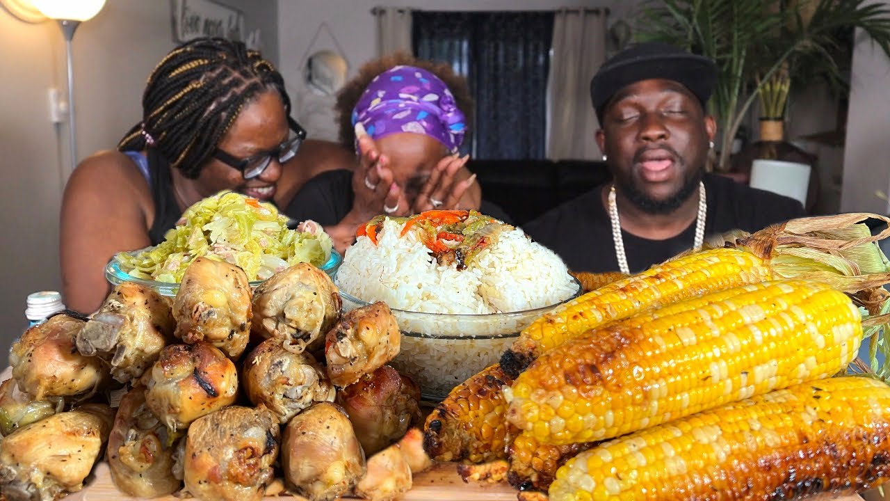 SMOKED CHICKEN| BBQ ROASTED CORN| CABBAGE| RICE| MUKBANG EATING SHOW!!