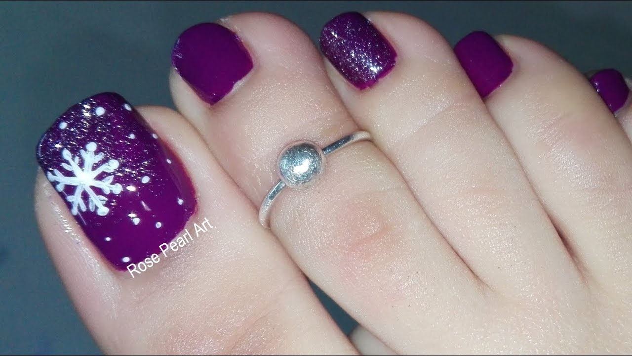 Snowflake on Dark Purple Toe Nails- Winter Pedicure Nail Art Tutorial | Rose Pearl