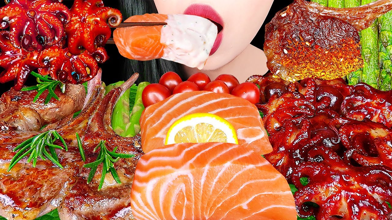 ASMR SPICY OCTOPUS, SALMON, LAMB STEAK 매운 쭈꾸미, 연어회 양갈비 스테이크 먹방 COOKING & EATING SOUNDS MUKBANG
