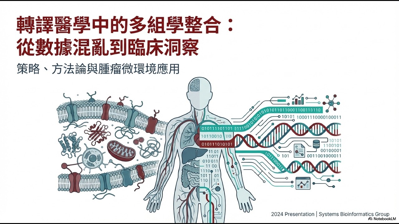 多組(體)學研究概念-轉錄體學為共同核心，腫瘤的微環境再加基因體學與表觀遺傳學，另非腫瘤著重蛋白質組與代謝組學分析，目前組學數據仍片段化缺標準，建立標準化數據矩陣的共同研究分享機制，落地為轉譯醫學。