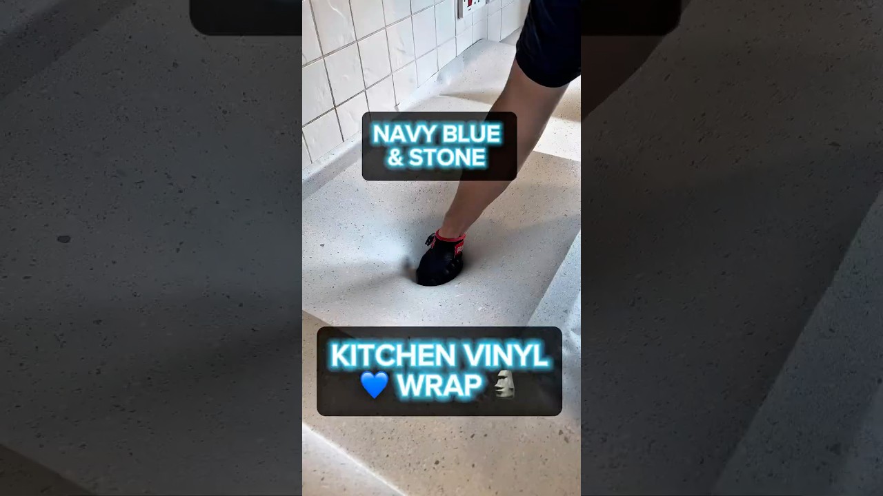 Navy blue + stone kitchen vinyl wrap 🪄 #kitchendecor #kitchenmakeover #kitchenwrap