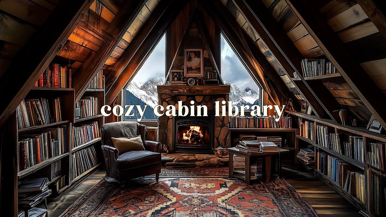 Cozy Cabin Library Ambience with Fireplace