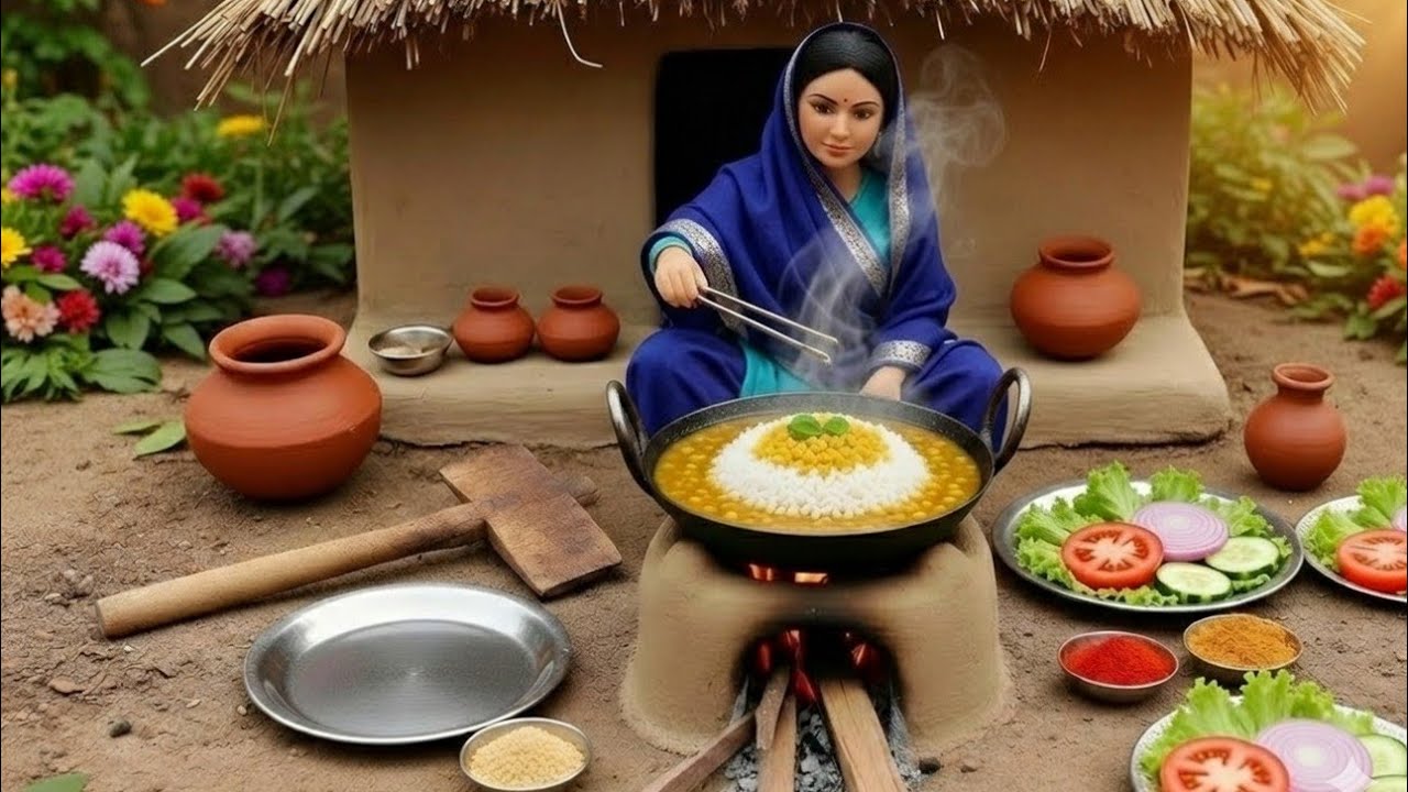 Miniature Doll Making Dal Chawal Cooking | Indian Village Tiny Kitchen Relaxing Meal