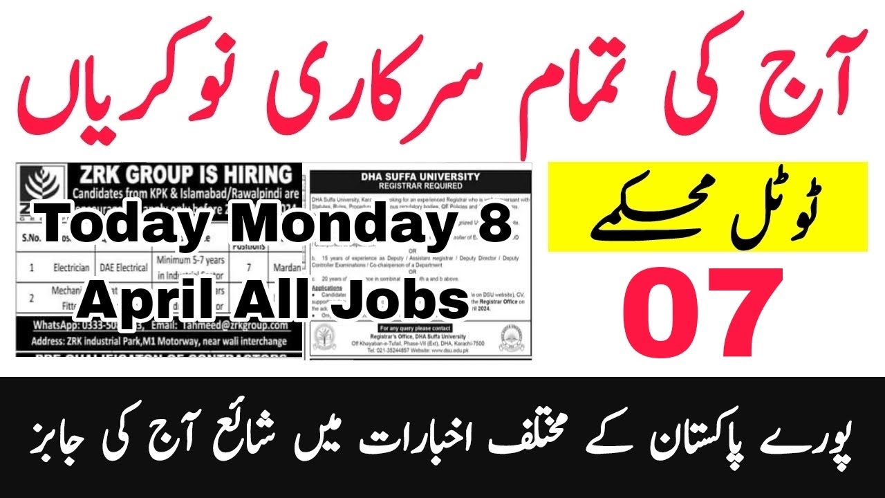 today Monday 08 April 2024 all jobs latest advertisments | Jobz MCQz