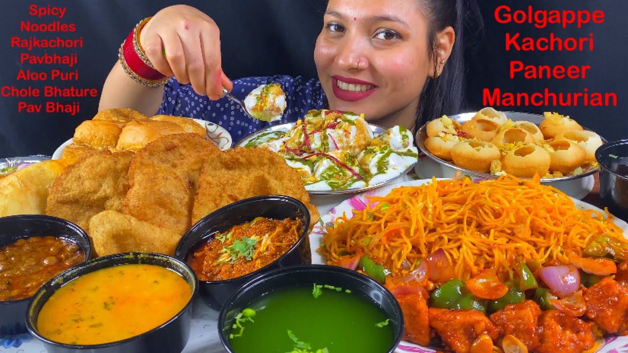 Eating Chilli 🔥 Garlic Noodles, Paneer Manchurian, Chole Bhature, Aloo Puri, Pav Bhai, RajKachori
