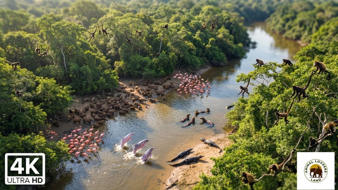 Relaxing walk in the Amazon: River of life - pure Nature sounds & River wildlife. ( 4K )
