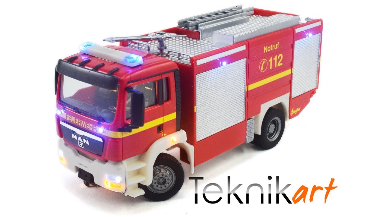 Krois System H0: Cami&oacute;n MAN TGS de Bomberos (Faller Ref. 161599) digitalizado e iluminado