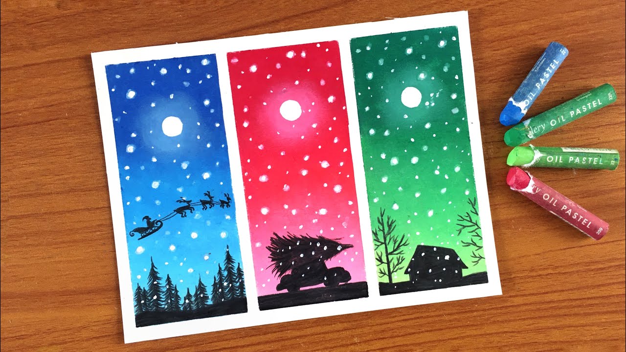 Christmas Oil Pastel Painting for beginners | Easy Oil Pastel Drawing Snowfall