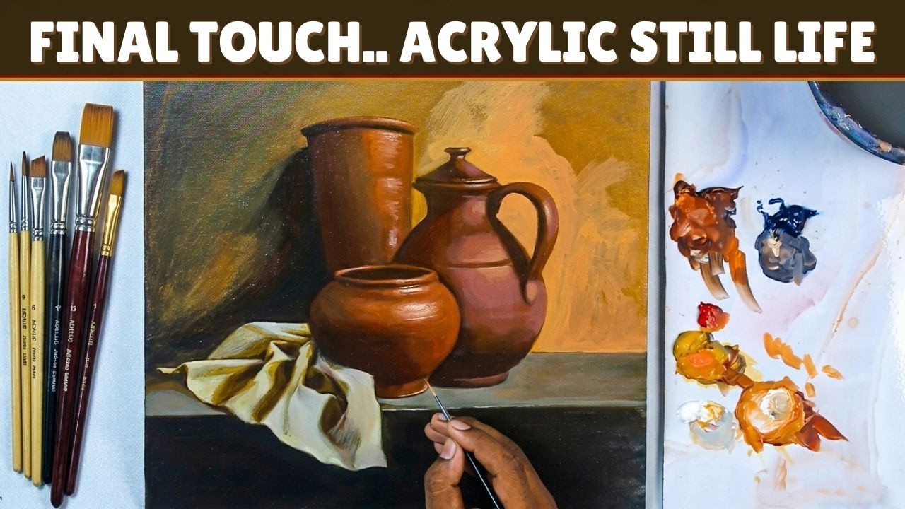 Realistic Still life Composition in Acrylic - Earthen Pots and Drapery | step by step coloring