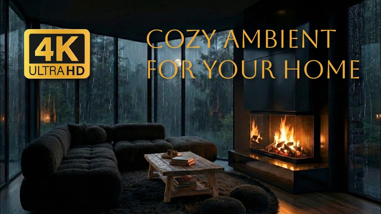 🔥 Cozy Night Fireplace with Rain & Forest View | Crackling Fire & Rain Sounds | 3 Hours 4K