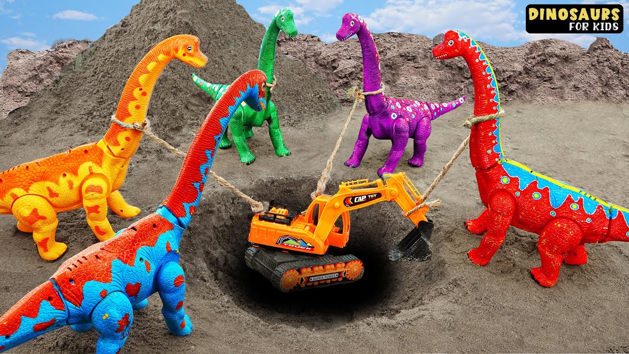 Long-necked Dinosaurs rescue Car, Excavator, Dump truck - Vehicles Toy for kids