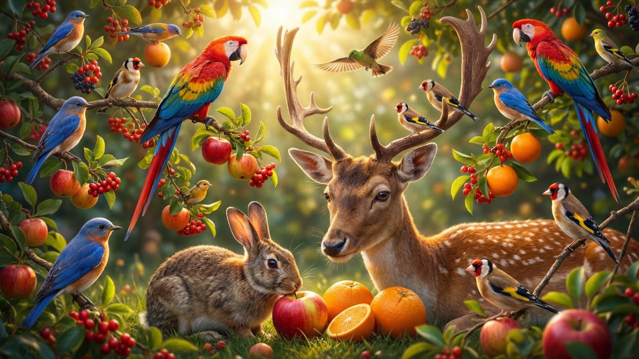 Most Peaceful Birds 🐦 🕊️ & Animalswith Fruits 🍎 Relaxing Nature Sounds 4K