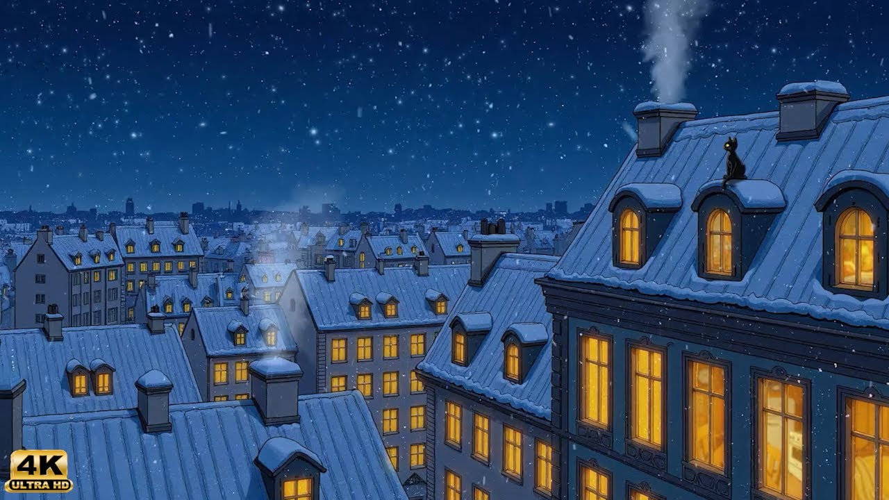 Snowy Rooftop Calm Where A Black Cat Rests Watching Night Glow In Vintage Jazz 1930s Feeling