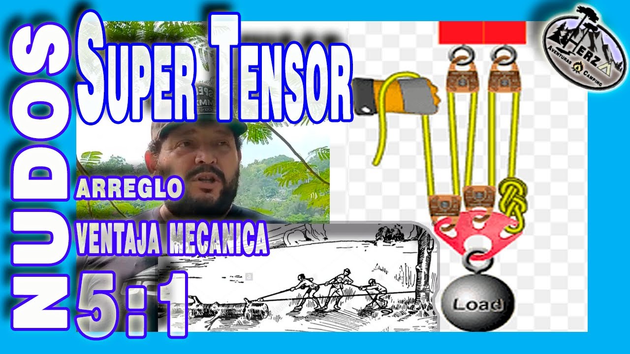 NUDO SUPER TENSOR de cuerdas, Arreglo VENTAJA MECANICA 5:1 con Mosquetones