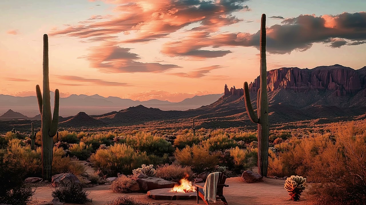 8 Hours of Southwest Desert Sunset Ambience | Fire Pit Crackling & Nature Sounds for Sleep