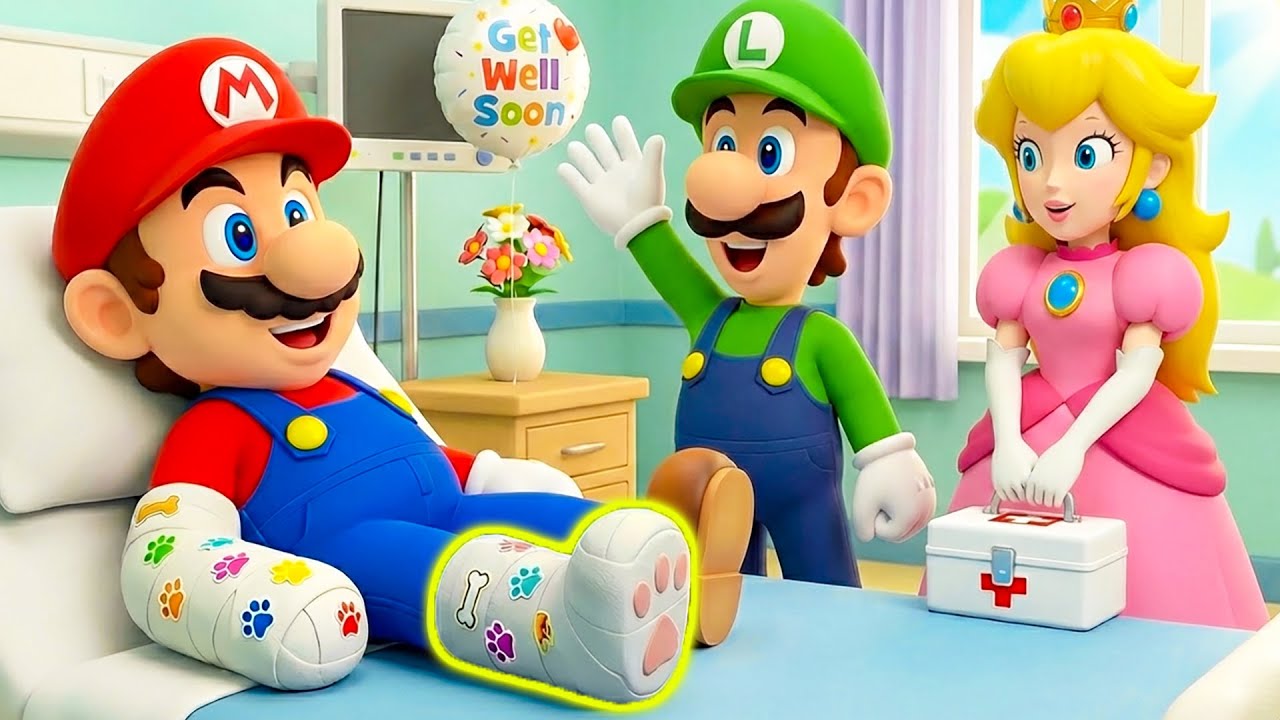 Oh não! O Mário magoou a perna! A Peach e o Luigi correm para ajudar! Animação de Super Mario