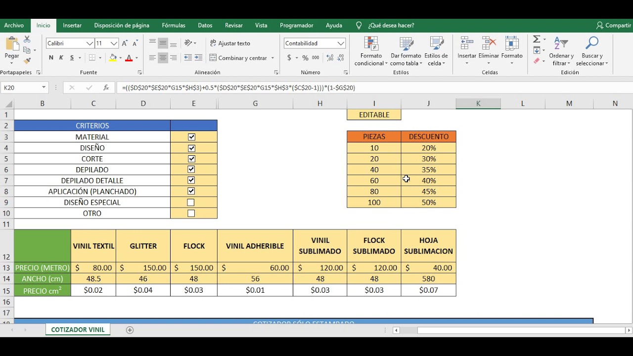 COTIZADOR EXCEL PARA CORTE DE VINIL