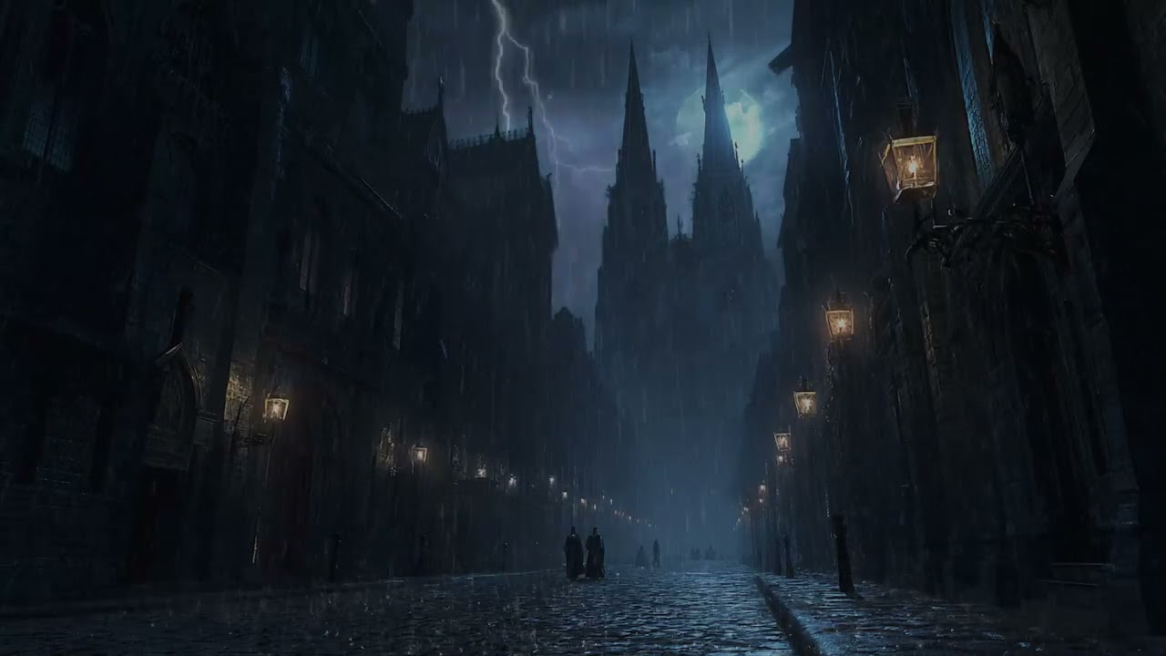 Eerie Medieval Street View – Low Angle, Shadows, Fog & Towering Gothic Spires