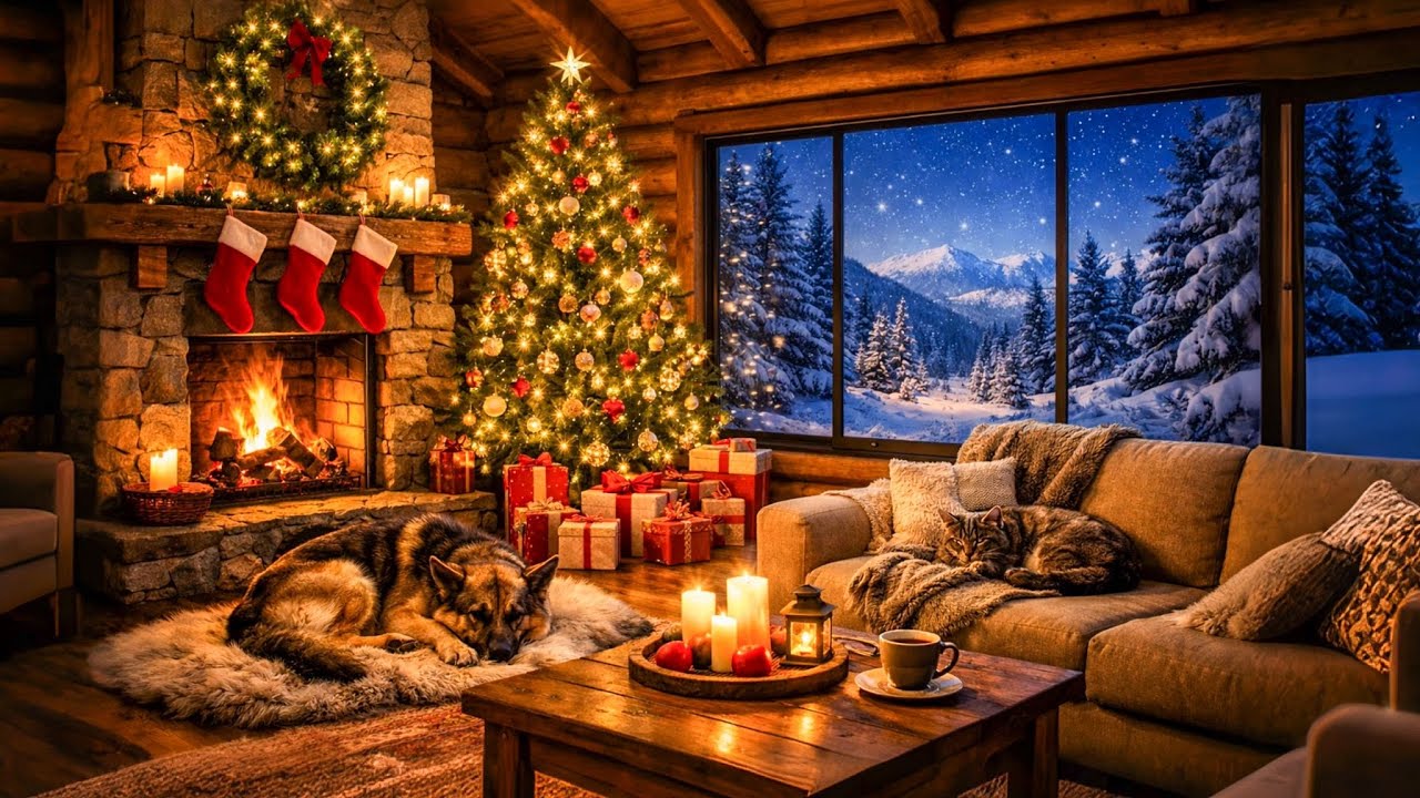 Cozy Christmas Cabin 🎄 Fireplace Sounds & Falling Snow Ambience