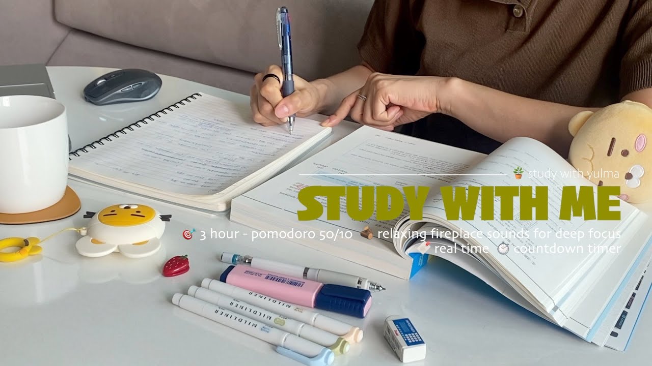 📜3HR STUDY WITH MEㅣrelaxing fireplace sounds for deep focusㅣpomodoro 50/10, real time, with timer