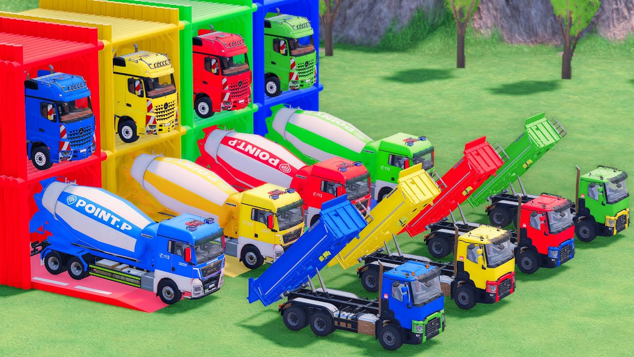 Trucks With COLORS - MAN MIXER TRUCK and RENAULT DUMP TRUCK with FLATBED TRAILER TRUCK - FS22