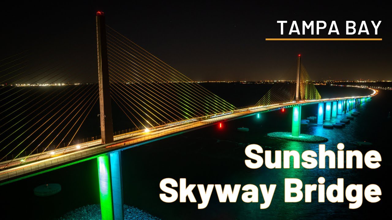 Tampa Bay Sunshine Skyway Bridge Lighted Up at Night
