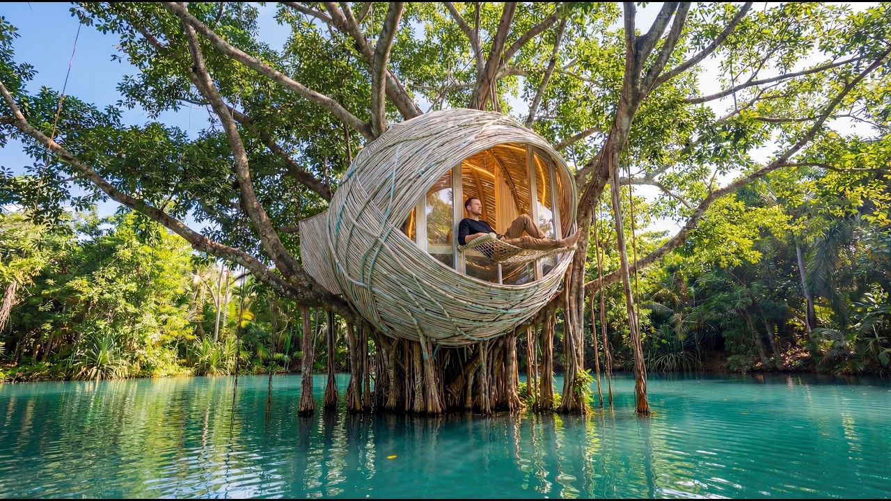 Building a House on a Tree Over Water (ASMR) – Solo Floating Cabin Build